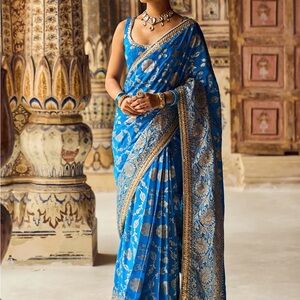 Blue Embroidered Brocade Saree
